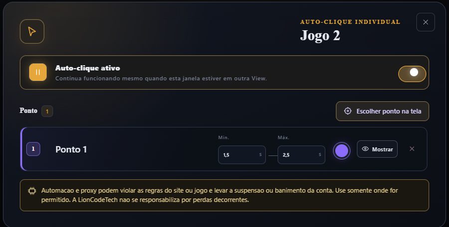 Janela de configuração do auto-clique com um ponto, intervalo mínimo e máximo e cor